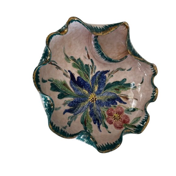 Vintage Italian Hand Craft Pottery Bowl Gold Edges Italy 5485 Blue Red Flower Se - Picture 6 of 8